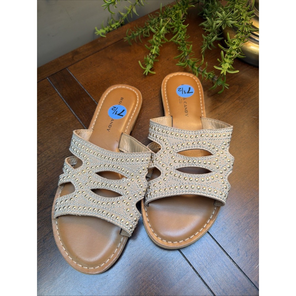 Rock & Candy Women's Sandals 7.5 Tan Shimmering Crystals Slide Gryssel Flat